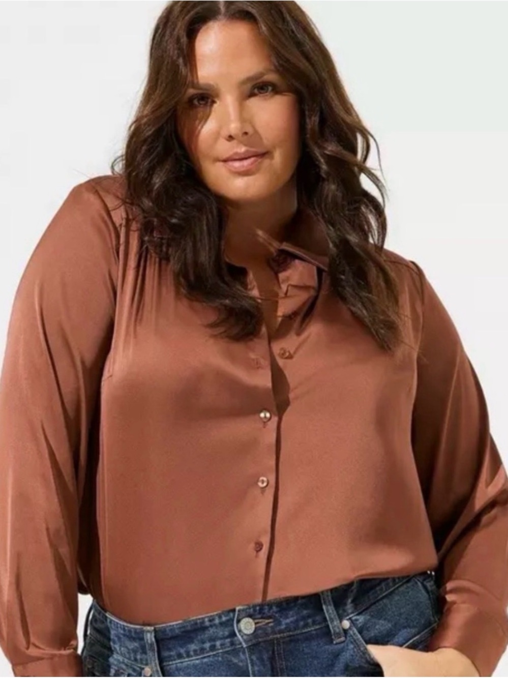 Torrid Brown Madison Satin Button-up Long Sleeve Shirt